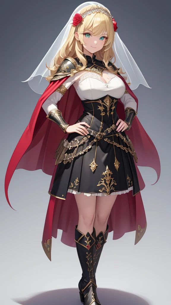 masterpiece, Best Quality, (( no background)),((Red cape on shoulders,richly decorated black metal armor, Flower-embellished translucent white short veil,A standing picture of a tall woman)), huge breasts, Bust-length blonde ,Pale skin,smile,closed mouth,Green Eyes,wavy hair,   Black Thigh-High Boots ,Black Gauntlets,  Black ruffled skirt , Narrow eyes,  holding nothing in hand, Arched eyebrows,Young lady