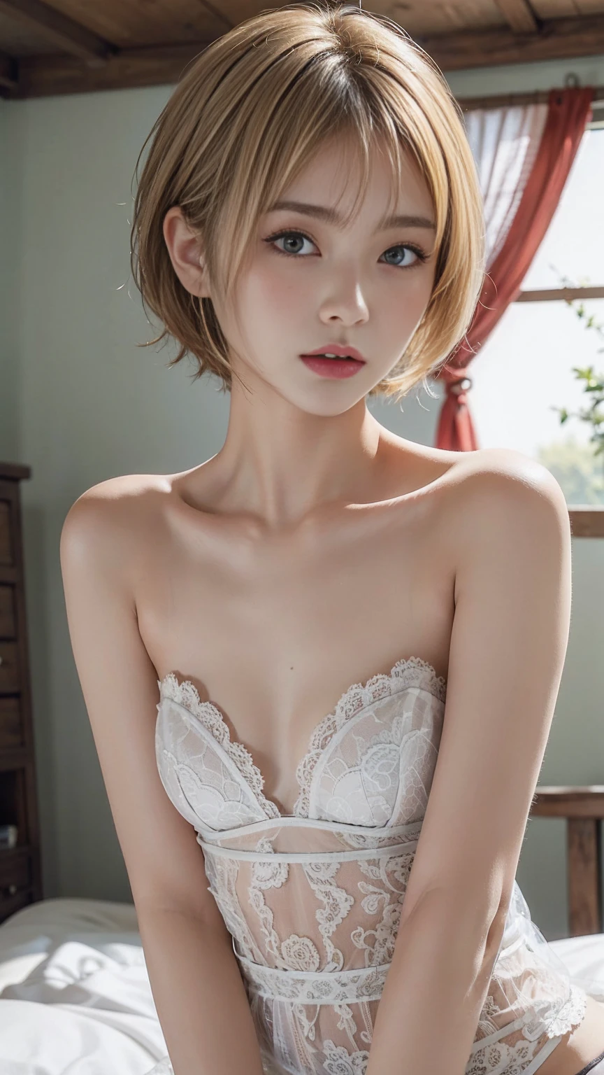 Japanese woman in lingerie、posing on a white background , Small breasts,  sexyなSee-through underwearを着る,Strapless bra:1.2 , Beautiful Makeup、Blonde hair and perfect body ,  blue eyes ， sexy ,   beautiful and detailed body and face , Beautiful body, See-through underwear,Cool Beauty, girl, blonde short bob cut hair ,   accurately depicts details such as face and skin texture, beautiful eyes,double eyelid, delicate skin , presence of old people ,Alone,Small breasts
