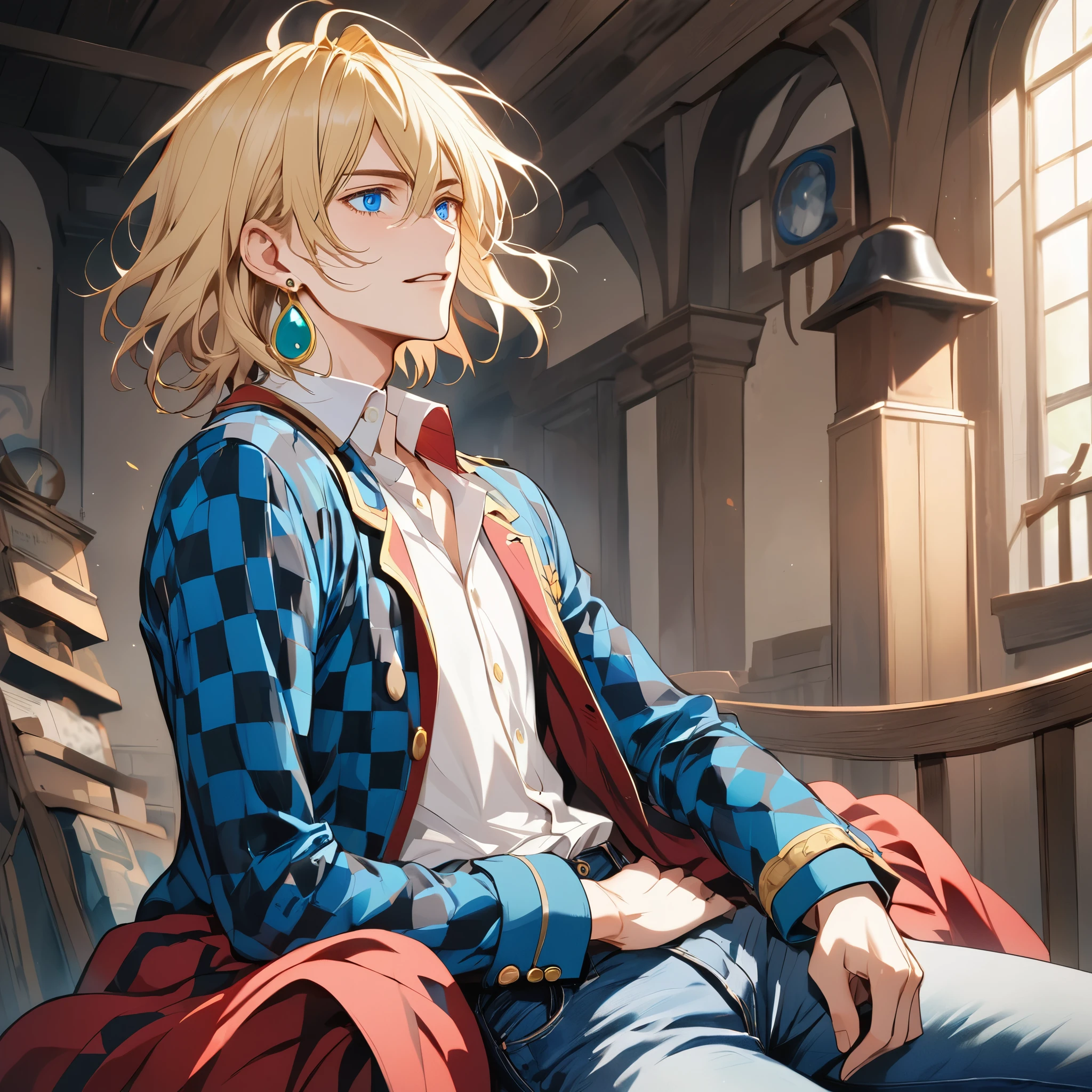 howl from howls moving castle, 1male, blonde hair, green earrings, red and blue checkered coat with golden rims, white shirt, blue jeans, blue eyes, handsome, manwha, slender, femboy