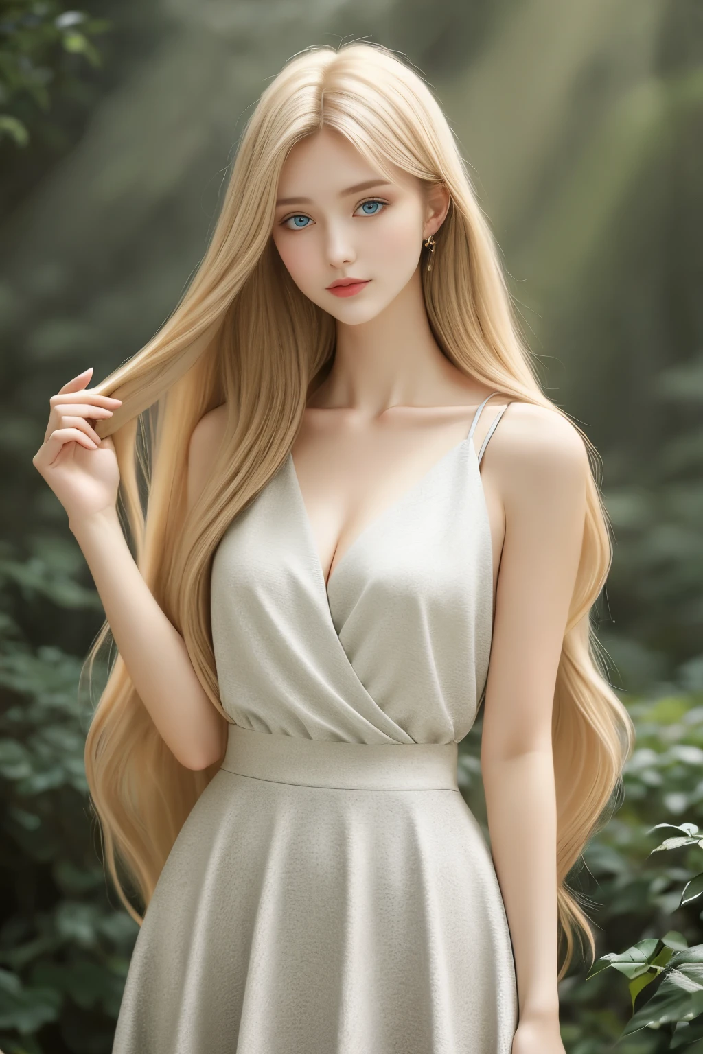 ( masterwork, award-winning),25-year-old Caucasian woman、ash blonde、blue eyess、Semi-long、setting hair、light wavy hair、Slender、wearing a white Blause and elegant skirt,in the forest, 