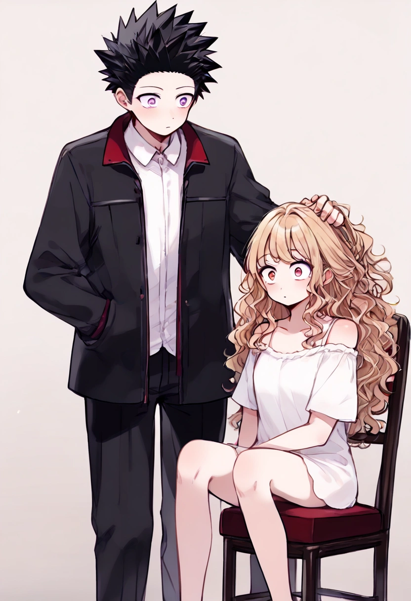 anime boy (((   spiked hair  ,  black hair  , Black jacket  , red eyes , narrow-eyed  ,  standing behind the girl  ,  combing the girl's hair ))) ,   anime girl ((( Blonde hair ,  long wavy hair  ,  purple eyes  ,  ,   open-shouldered  , white shirt ,   sitting on chair  ))) 