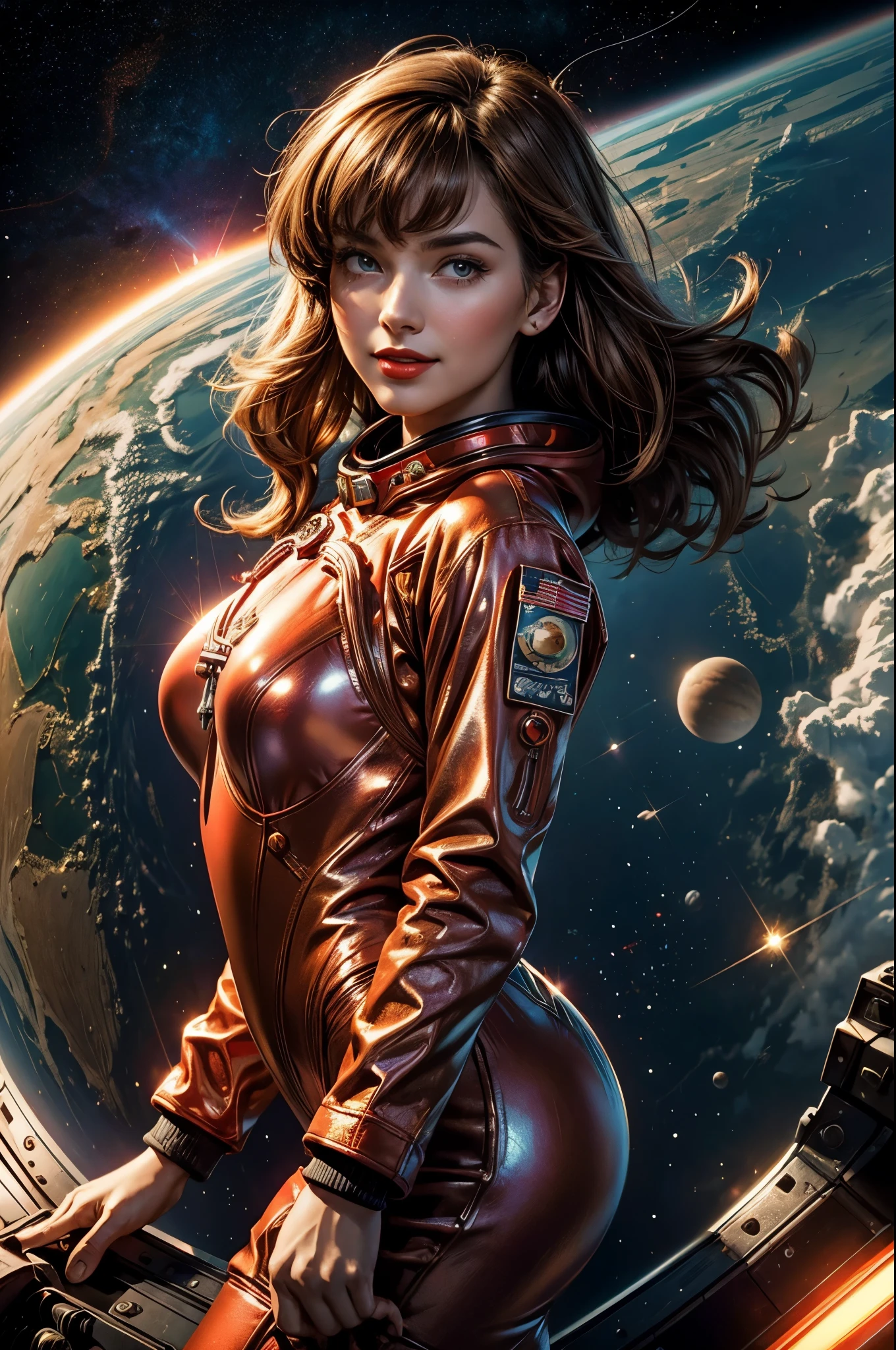 High-quality acrylic painting, VIVID COLORS, lateral point a view, a beautiful woman with brown curly hair, looking at the viewer with suspicious face and a shy smile, red lips, she wears black ultra-sheer BODYSTOCKING, HIGH TOP BOOTS, in a command chair in the cockpit of a spaceship