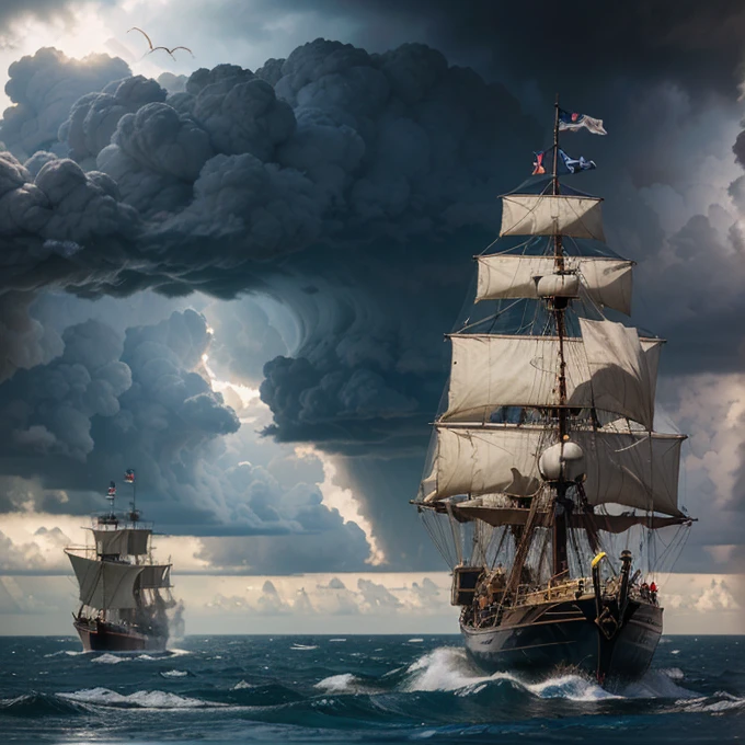 A surreal scene of an epic naval battle between pirate sailing ships in the middle of a stormy vortex inside a plastic basin two ren disguised as pirates look ecstatic at the unrealistic naval battle in the basin 