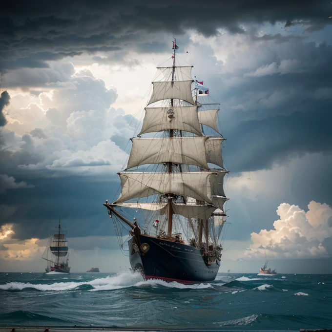 A surreal scene of an epic naval battle between pirate sailing ships in the middle of a stormy vortex inside a plastic basin two ren disguised as pirates look ecstatic at the unrealistic naval battle in the basin 