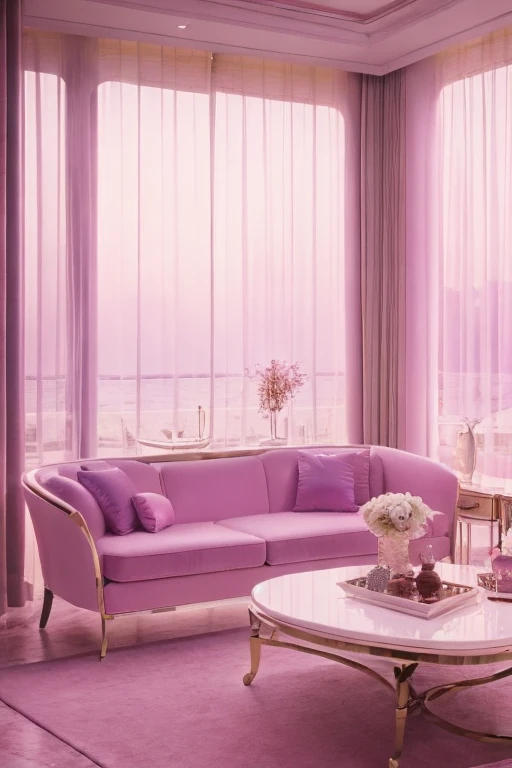 dreamy, luxurious living room with white satin furniture at breaking dawn with a view overlooking a palm beach. gradient of purple and pink sky, enhancing the magical, serene atmosphere. 1980 retro film still, 