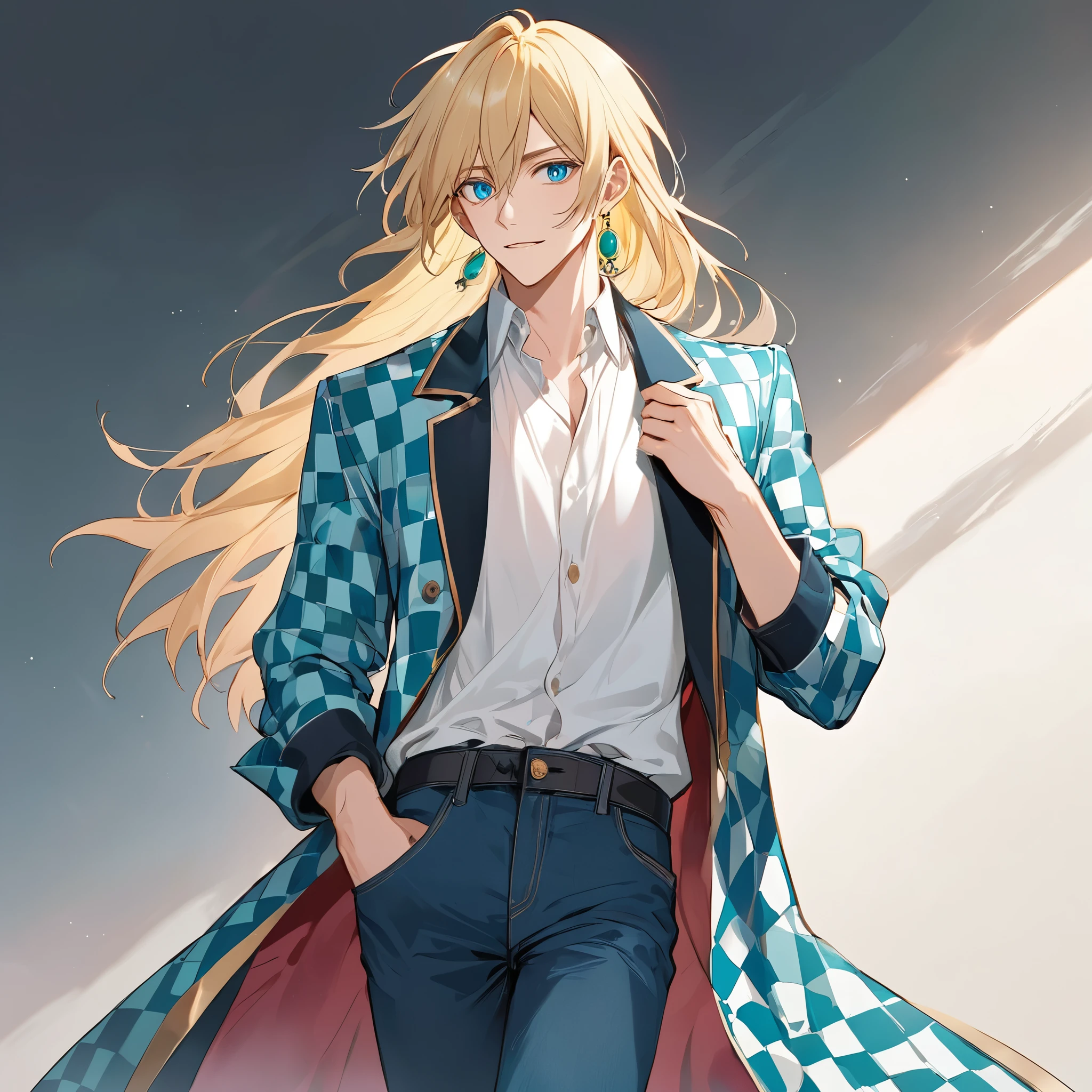 howl pendragon from howls moving castle, 1male, long blonde hair, green earrings, pink, blue und teal checkered coat with golden rims, white shirt, blue jeans, blue eyes, handsome, manwha, slender