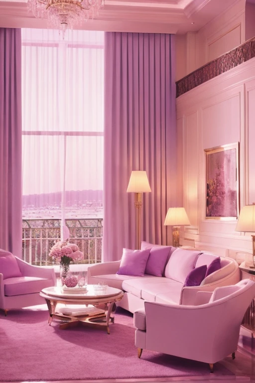 dreamy, luxurious living room with white satin furniture at breaking dawn with a view overlooking a palm beach. gradient of purple and pink sky, enhancing the magical, serene atmosphere. 1980 retro film still, 