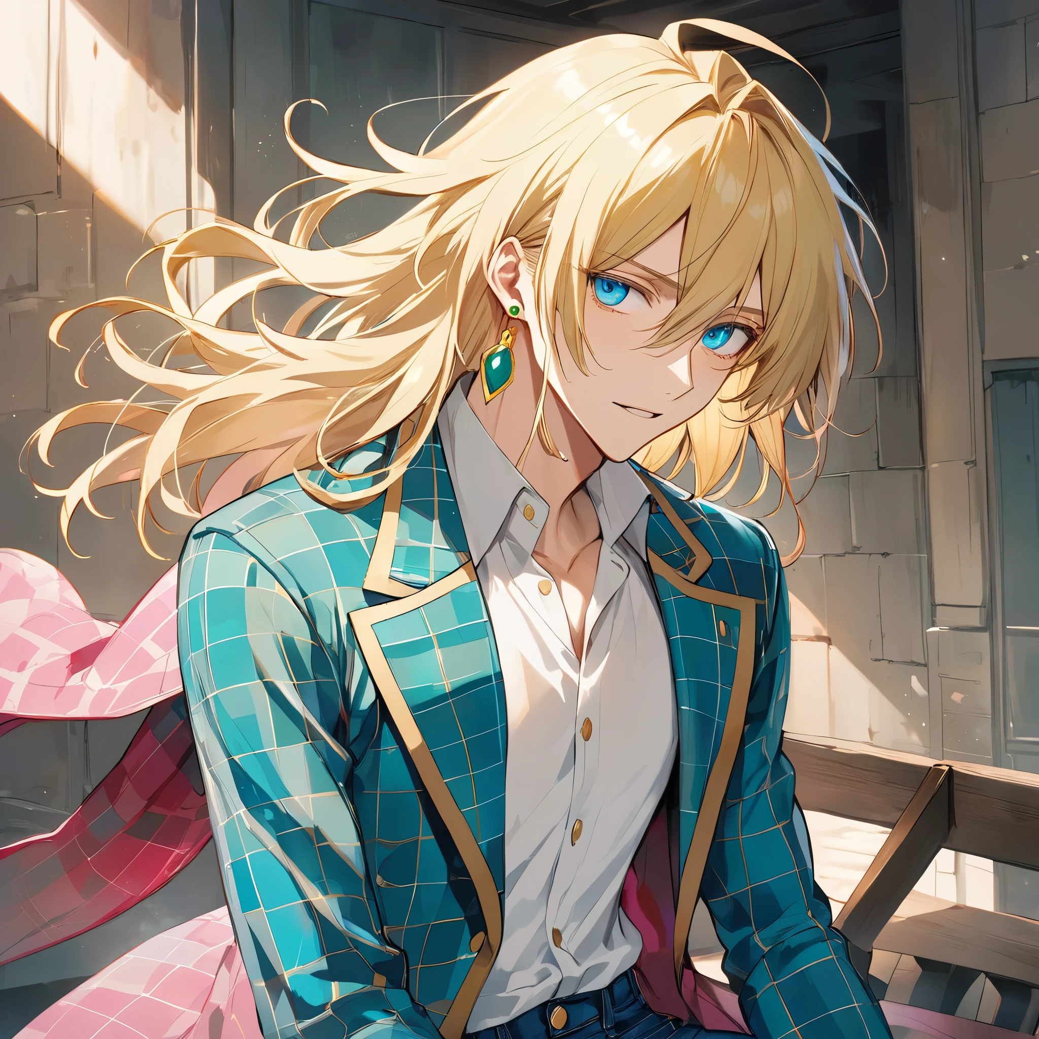 howl pendragon from howls moving castle, 1male, long blonde hair, green earrings, pink, blue und teal checkered coat with golden rims, white shirt, blue jeans, blue eyes, handsome, manwha, slender