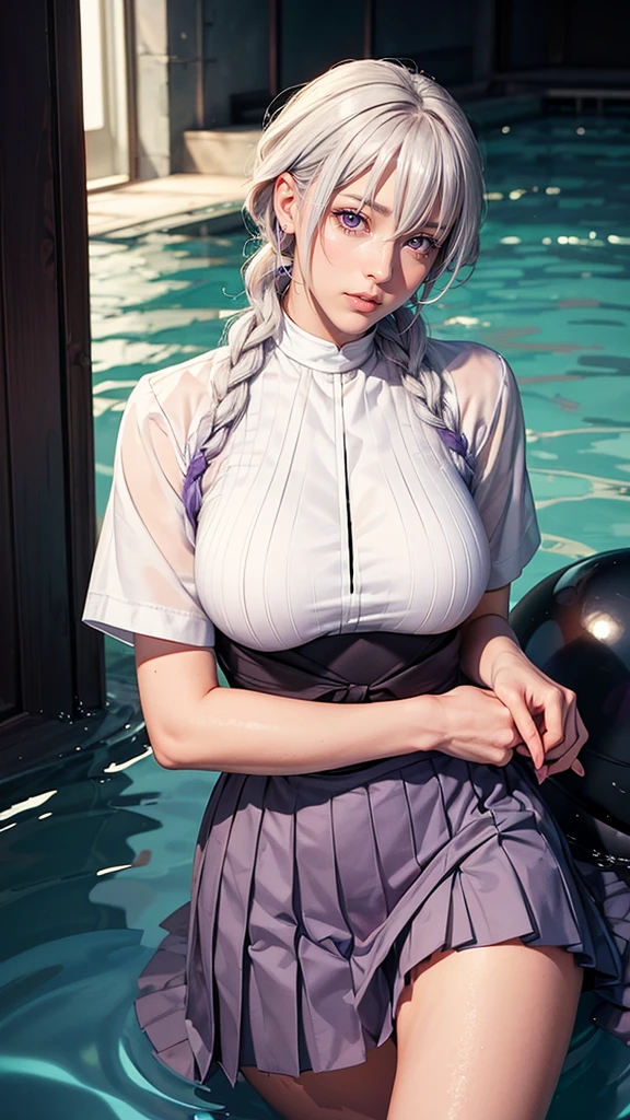 （（（perfect figure，figure，JK，Student uniform，white shirt，Gray pleated skirt，（（（isane kotetsu, short hair, braid, white hair, (purple eyes:1.1), hair braid, ））），（（（wide hips））），S-shaped figure:1.7））），((masterpiece)),high resolution, ((Best quality at best))，masterpiece，quality，Best quality，（（（ Exquisite facial features，looking at the audience,There is light in the eyes，blush，Happy））），（（（Interlacing of light and shadow，huge ））），（（（looking into camera，Ghost Road，glow，from above，looking down，lying in water）））