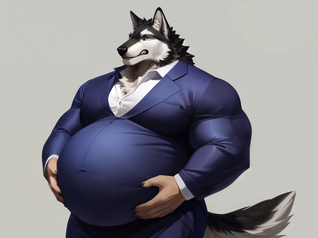 White wolf, fat, big belly, cumflated belly, tight dress shirt, holding his belly, tired, muscular, huge cumflated round belly, black muscular wolf behind white woolf, black wolf holds white wolfs big belly from behind, 