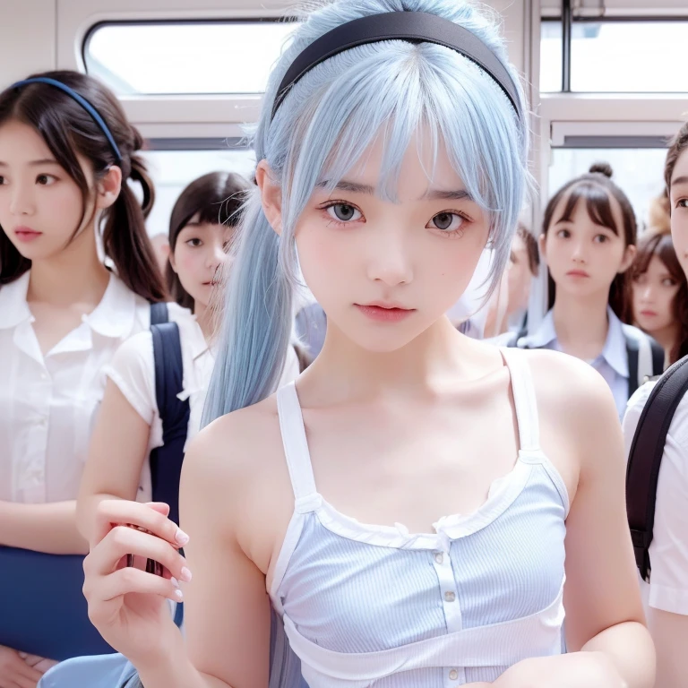 a school girl with unkempt hair stares directly at the viewer on a crowded JR Saikyo Line train, wearing a transparent micro bikini, with beautiful detailed eyes and a gentle, beautiful face, floating in the train with high chroma and optimal lighting, best shadow, small breasts, ponytail, light blue hair with bangs and a headband, holding a backpack