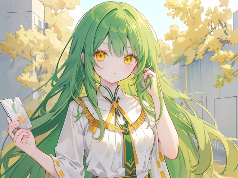 a girl with long dark green hair, yellow eyes,hair behind ear, anime, anime style, UHD, masterpiece, accurate, anatomically correct, super detail, high quality, high details, award winning,  highres , best quality, 8k,cute，Bangs,C cup