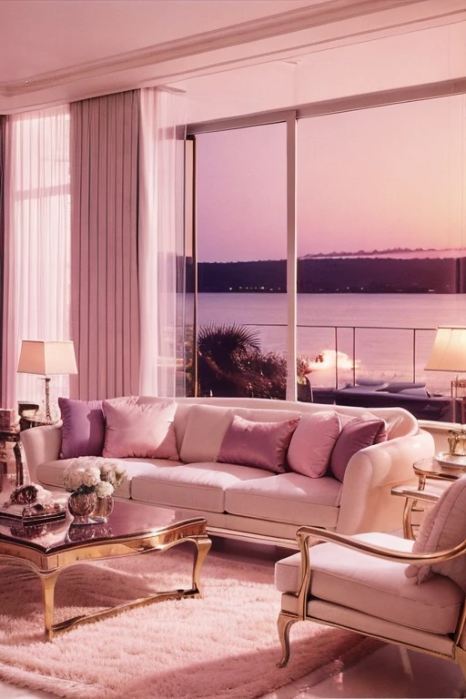 dreamy, luxurious living room with white satin furniture at twilight with a view overlooking a palm beach. gradient of purple and pink sky, enhancing the magical, serene atmosphere. 1980 retro film still, 