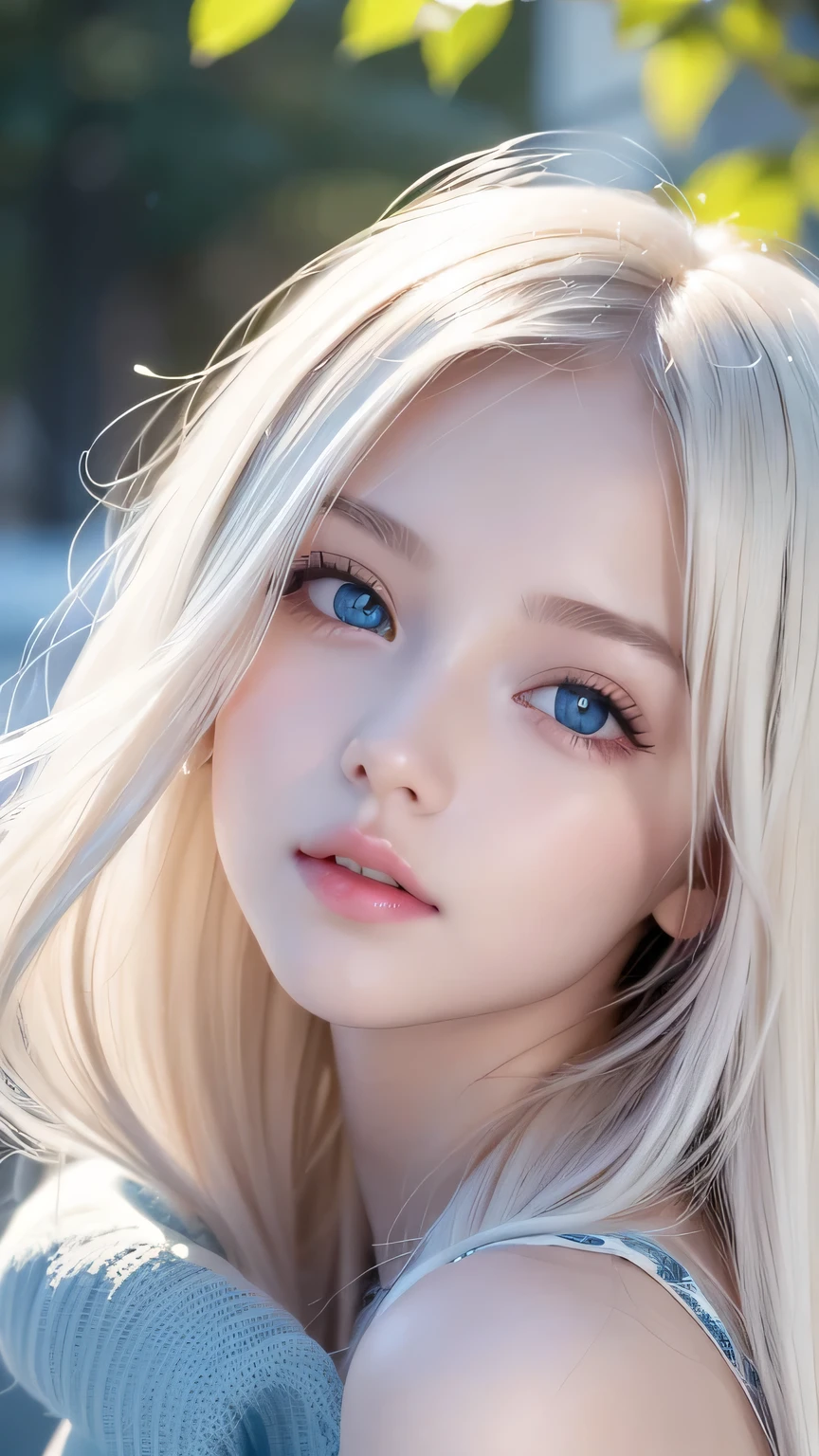 cute very beautiful first time with super long straight platinum blonde hair in the world々 analog style portrait of a young woman with a pretty young face 、 The bangs between the eyes hang down to the tip of the nose 、Beautiful Extraordinary Beautiful Girl , Shining big very bright yellow blue eyes 、snow white skin、Glowing Skin、Small Face Beauty、round face