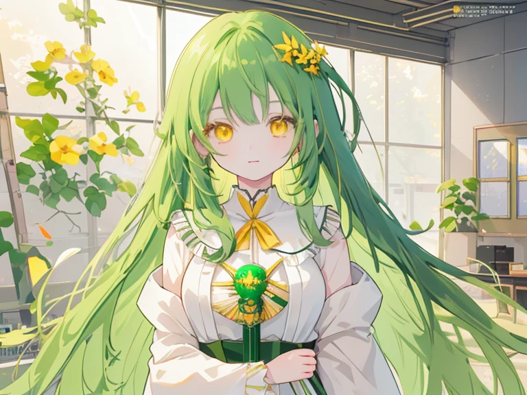 a girl with long dark green hair, yellow eyes,hair behind ear, anime, anime style, UHD, masterpiece, accurate, anatomically correct, super detail, high quality, high details, award winning,  highres , best quality, 8k,cute，Bangs,C cup