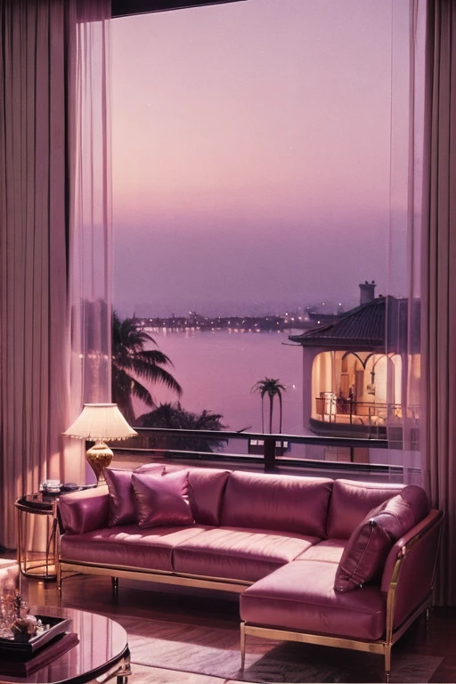 dreamy, luxurious living room with glossy satin furniture at twilight with a view overlooking a palm beach. gradient of purple and pink sky, enhancing the magical, serene atmosphere. 1980 retro film still, 