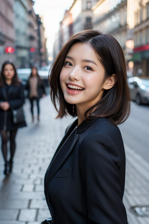 ( from side), full front portrait of amazing beautiful woman, raven black wavy long hair, dark brown eyes, perfect proportioned face, ( Laugh with one's mouth wide open:1.2), very pale skin with freckles, sensually shiny lips, highly detailed iris, walking on a Warsaw street in the city center, dressed in dark navy blue modern minimalist clothes, autumn clothes, (black High heels) , hd, 4k