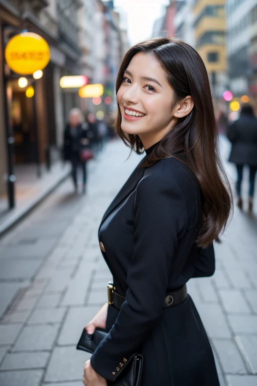 ( from side), full front portrait of amazing beautiful woman, raven black wavy long hair, dark brown eyes, perfect proportioned face, ( Laugh with one's mouth wide open:1.2), very pale skin with freckles, sensually shiny lips, highly detailed iris, walking on a Warsaw street in the city center, dressed in dark navy blue modern minimalist clothes, autumn clothes, (black High heels) , hd, 4k