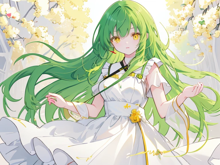 a girl with long dark green hair, yellow eyes,hair behind ear, anime, anime style, UHD, masterpiece, accurate, anatomically correct, super detail, high quality, high details, award winning,  highres , best quality, 8k,cute，Bangs,C cup,white dress