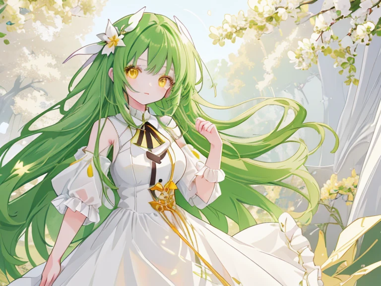 a girl with long dark green hair, yellow eyes,hair behind ear, anime, anime style, UHD, masterpiece, accurate, anatomically correct, super detail, high quality, high details, award winning,  highres , best quality, 8k,cute，Bangs,C cup,white dress