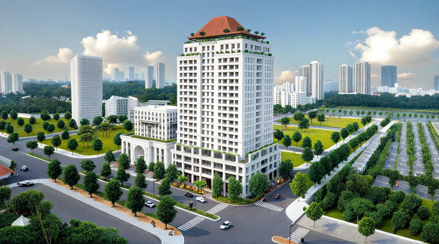 shangyejie, a residential towers, with a small podium at the ground floor and white color, in the Ho Chi Minh city in Viet Nam, designed in the style of modern architectural style. light brick Color, random color, The towers have rectangular balconies on each side.side view,During the daytime, natural lighting, architectural photography, masterpiece, best quality, photorealism, ultra relistic, 