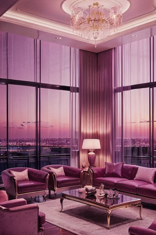 dreamy, luxurious living room with glossy satin furniture at twilight with a view overlooking a palm beach. gradient of purple and pink sky, enhancing the magical, serene atmosphere. 1980 retro film still, 