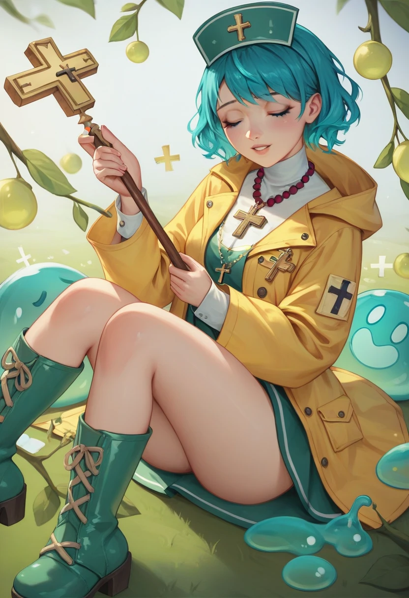 1girl, short blue hair,pilgrim, yellow raincoat, ,worn boots, a missionary cross, and a pilgrim's staff, blue eye , shaped irises scallop shells—a symbol of hope, 		rosary, rubber boots , holding, holding cane, green footwear, sitting, praying, wariza, eyes closed, jubilee_2025, latin cross, cross necklace, bead necklace , aqua hair, olive branch, seiza, slime, medium breast, oversize jacket, No leggings
