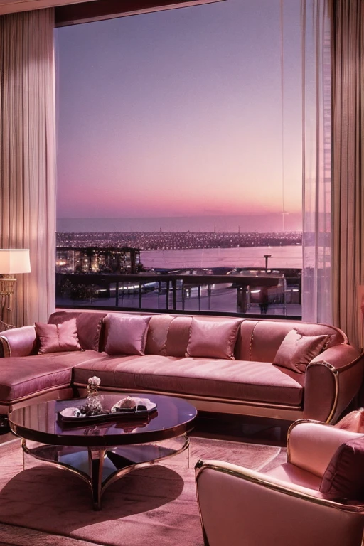 dreamy, luxurious living room with glossy satin furniture at twilight with a view overlooking a palm beach. gradient of purple and pink sky, enhancing the magical, serene atmosphere. 1980 retro film still, 