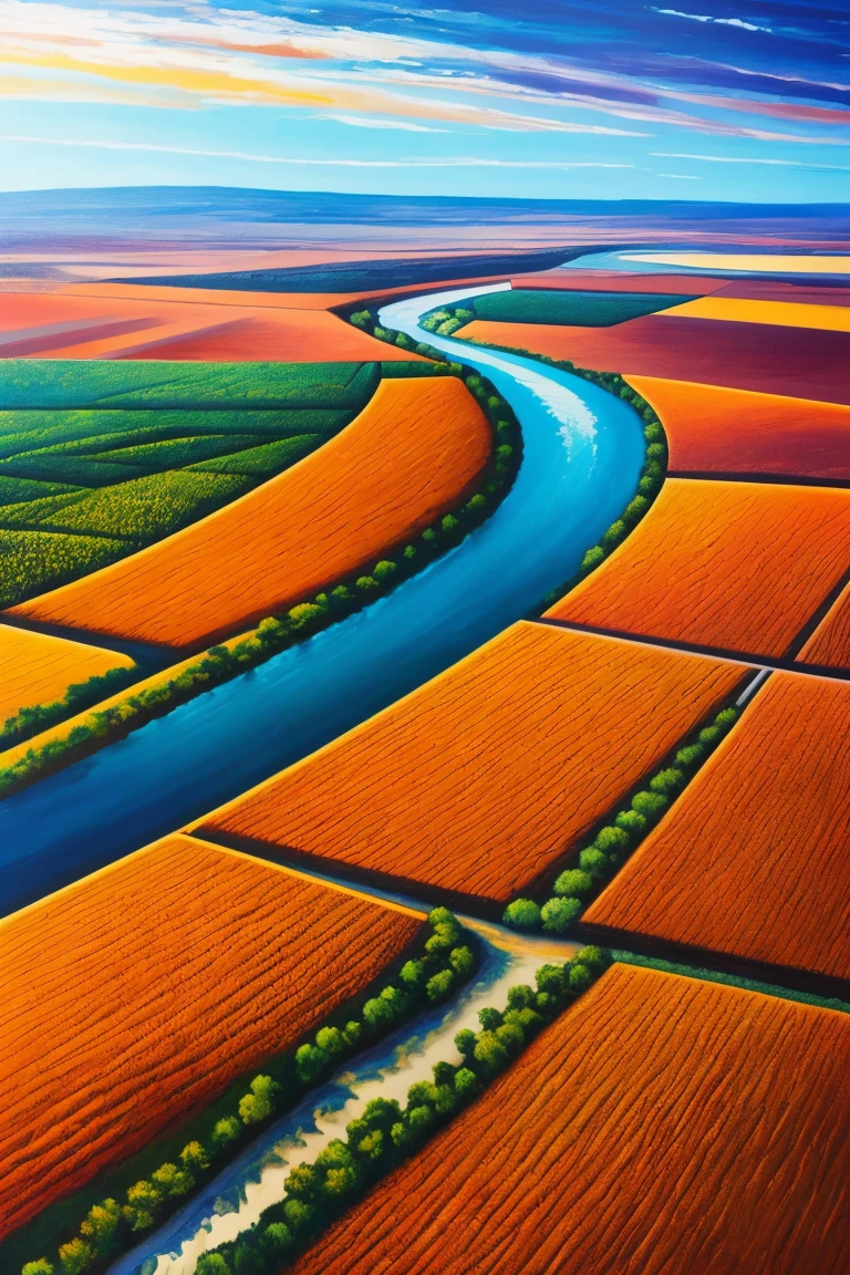 oil painting+Digital_art, aerial view of a landscape with a river as the protagonist ,  the river crosses fields , flower gardens , city, Desert, Forests, Forests, Deserts, Storms,  in one corner of the image a small orange hourglass,  intricate details ,   cold intense deep colors lots of details ,, 