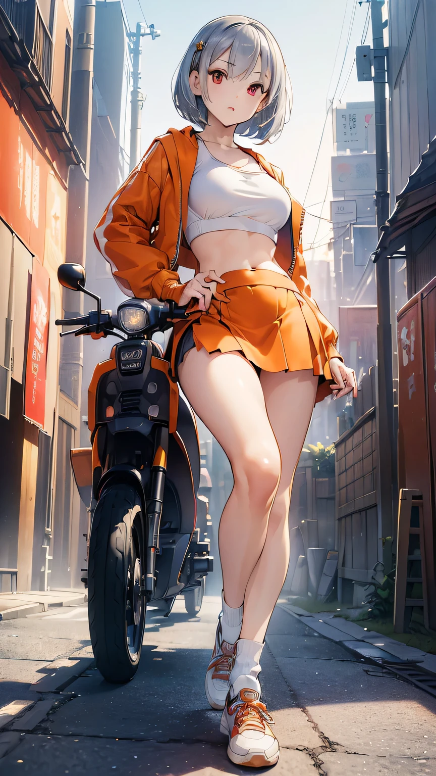 (((masterpiece))), ((( high definition))), ((( perfect face)))、((( Japan Beauty )))、(( top quality i )), detailed textures, (( high definitionの顔)), ( best quality、Unity 8k,16k, wallpaper、masterpiece、Super detailed、超 high definition、(Realistic)、( Highly Detailed Backgrounds), ((Detailed drawing))、Photoreal 1.2, exquisite, insanely detailed), ((4 fingers on 1 thumb , Perfect human hand)), very detailed facial and skin textures , ((Detailed eyes)), Detailed lips, very detailed depiction of hair , (()), ( short bob, Had, Silver Hair, Red Eyes), ( sports bra , orange half jacket , tight miniskirt , socks, sneakers), ( riding an advanced scooter), (Inside a developed city ), ((cowboy shot)), (Drawing from below), (legs spread:1.2)