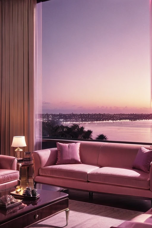 dreamy, luxurious living room with glossy satin furniture at twilight with a view overlooking a palm beach. gradient of purple and pink sky, enhancing the magical, serene atmosphere. 1980 retro film still, 