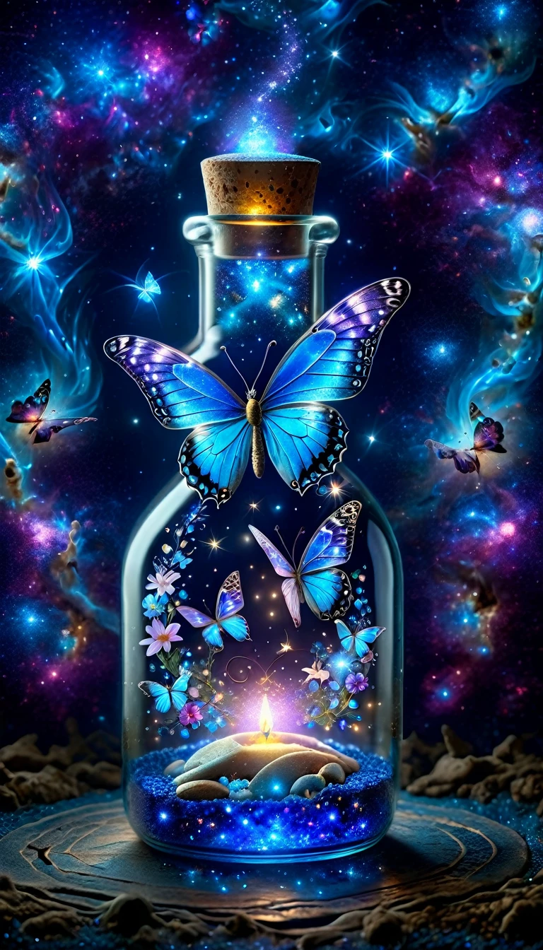 Made by AIS-RCN, 8K Photo, "words,  like a butterfly with blue flame wings ,  pops out of an antique glass bottle,  turn thoughts into delicate works of art.", Supple,  Side Light,  glass bottle close-up , Starry sky in a bottle,  miniature cosmos , Twinkling Star, Colorful Nebula, galaxy, Space dust, Glass Reflection, Surface Distortion, The background is a starry sky, In comparison, Depth, magic,  Aetheric Light , Super detailed, Dark Background, Beauty of paradise, Macro photography