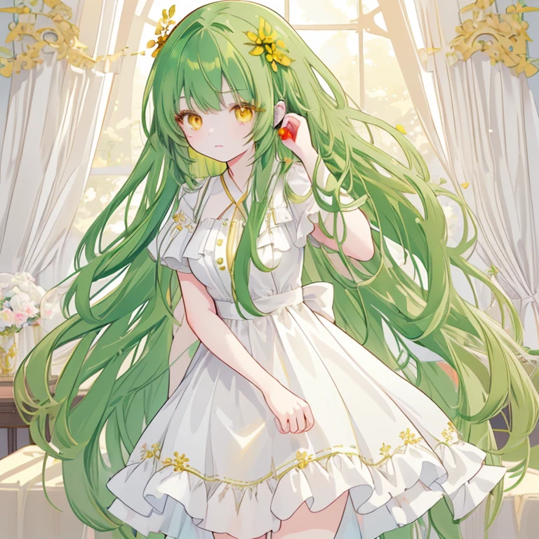 a girl with long dark green hair, yellow eyes,hair behind ear,，Bangs,C cup,white dress, anime, anime style, UHD, masterpiece, accurate, anatomically correct, super detail, high quality, high details, award winning,  highres , best quality, 8k,cute