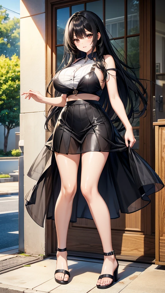 1 girl, very big breasts, very sexy body, 1 girl in, a smile, looks at the viewer, black shirt, super short white school miniskirt, full body, giant breasts, cleavage, giant breasts, heels, background in the mountains 1 girl , with big breasts. long legs QUEEN huge tits, (cleavage), high legs, (standing), sexy and muscular body. short skirt.4k hd