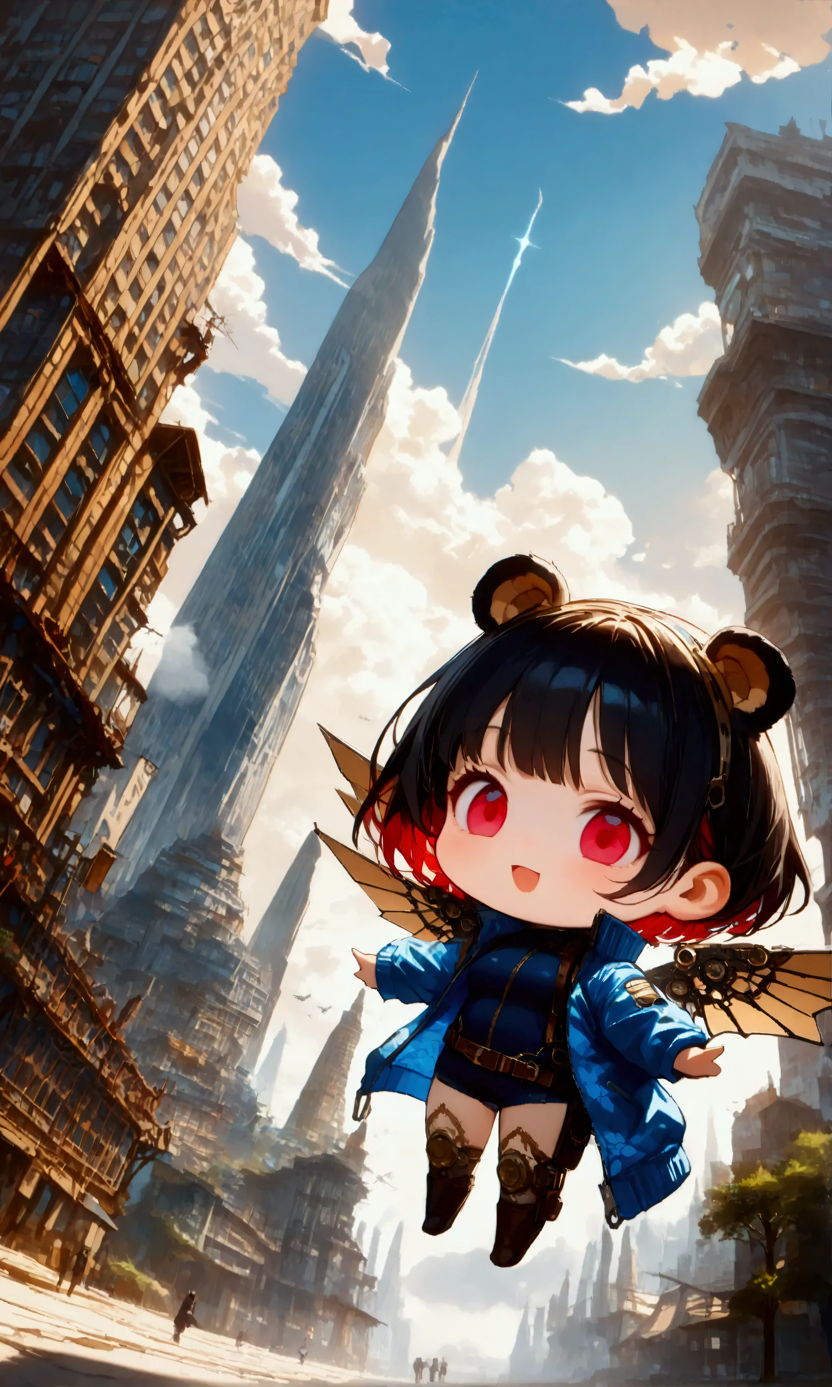 1girl\(big smile,cute,(chibi:1.4),big eyes,ruby eyes,(small fluffy Koala ears),hair\(short hair,black hair, (inner colored blue:1.4)\),(big wings\((old steam-punk:1.3) mechanical wings\):1.2), (worn-out flight jacket:1.3), jumpsuit, leather short boots, holster at legs, (dynamic pose),(flying highin the sky:1.3)\). (dynamic angle:1.3),long shot. BREAK .background\(high altitude sky, futuristic aircrafts, futuristic towers,\). BREAK .(print text"100":1.5). BREAK .quality\(8k,wallpaper of extremely detailed CG unit, high resolution, top-quality, top-quality real texture skin, hyper realistic, increase the resolution, RAW photos, best quality, highly detailed, the wallpaper, golden ratio, high saturation realism, vibrant colors, dramatic lighting, persuasive storytelling, atmospheric scenery, captivating visuals, intricate details, strong emotions, dreamlike world\),