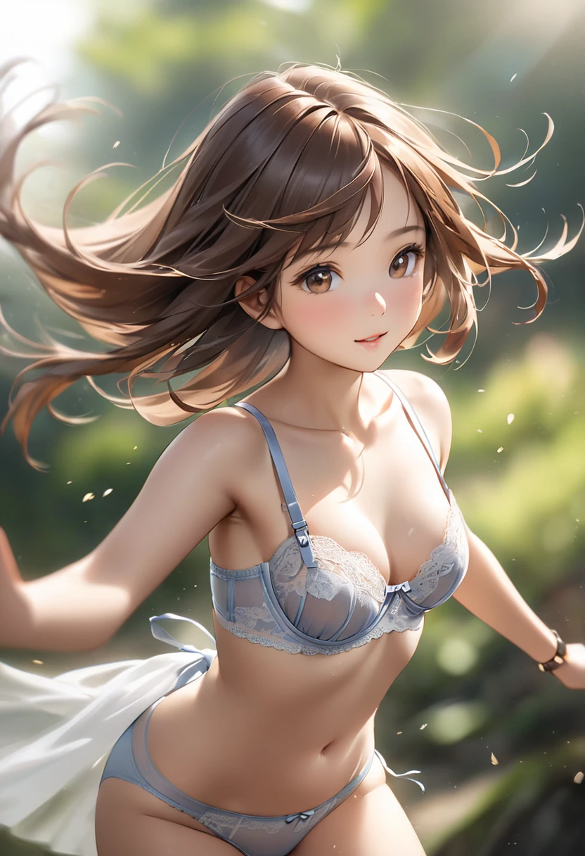 indonesian girl,  clear focus: 1.2, tiny, small breasts、 (Long brown hair fluttering in the wind ), ( small, sheer bra and panties:1.3),  motion blur effect background  ,  realistic pictures, Natural Light,  Watch Viewers 