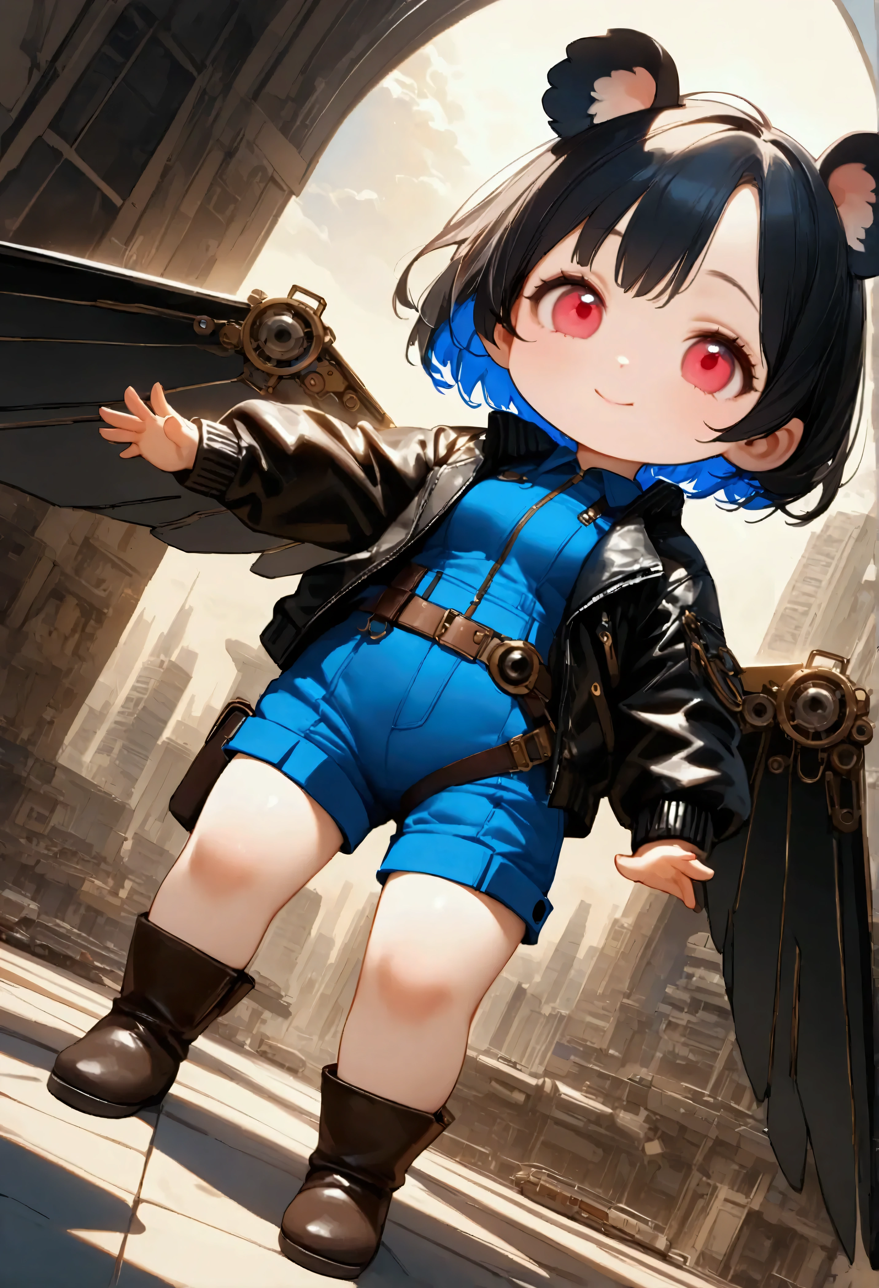 1girl\(big smile,cute,(chibi:1.4),big eyes,ruby eyes,(small Koala ears),hair\(short hair,black hair, (inner colored blue:1.4)\),(big wings\((old steam-punk:1.3) mechanical wings\):1.2), (worn-out flight jacket:1.3), jumpsuit, leather short boots, holster at legs, (dynamic pose),flying sky high\). (dynamic angle:1.3),long shot. BREAK .background\(high altitude sky, futuristic aircrafts, futuristic towers,\). BREAK .(text says"100":1.3). BREAK .quality\(8k,wallpaper of extremely detailed CG unit, high resolution, top-quality, top-quality real texture skin, hyper realistic, increase the resolution, RAW photos, best quality, highly detailed, the wallpaper, golden ratio, high saturation realism, vibrant colors, dramatic lighting, persuasive storytelling, atmospheric scenery, captivating visuals, intricate details, strong emotions, dreamlike world\),