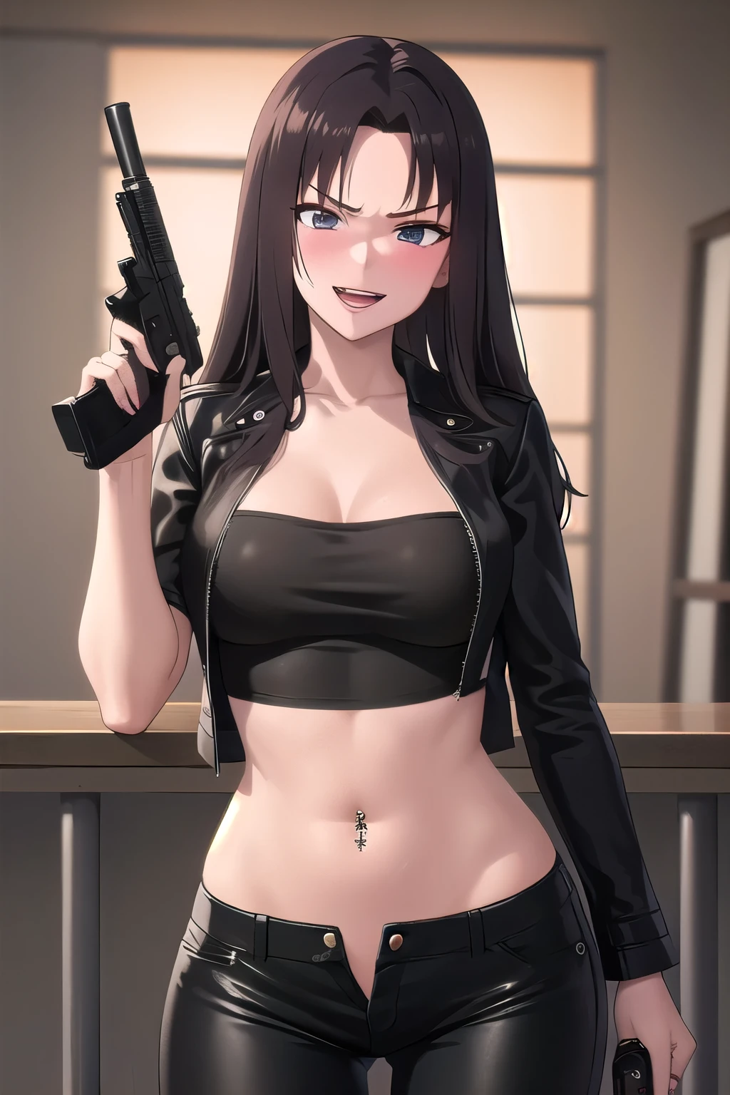 (safe:1.10), best quality, masterpiece, highres, solo, (methode_sousounofrieren:1.10),  anime_style, 23, black hair, long hair, blush, lipstick, Hot girl, baddie, staring, glaring, bad attitude, mean girl, crazy, smoking, sensual, attractive, bar background, inside bar, masterpiece, best quality, highly detailed, a girls with a gun, evil smile , open mouth, sexy gaze, badass pose , evil smile, smile, (nsfw) not safe for work, guns blazing, anime girl with long hair, beautiful long haired girl, navel, evil expression, exposed belly, exposed navel, exposed midriff, exposed lower belly, long black pants, crop top, cleavage, unbuttoned leather pants ,open fly, low rise black leather pants, leather jacket, holding a gun, holding pistol, navel piercing