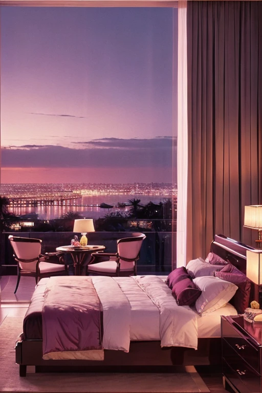 dreamy, luxurious bedroom with glossy satin furniture at twilight night with a view overlooking a palm beach. gradient of purple and pink sky, enhancing the magical, serene atmosphere. 1980 retro film still, 