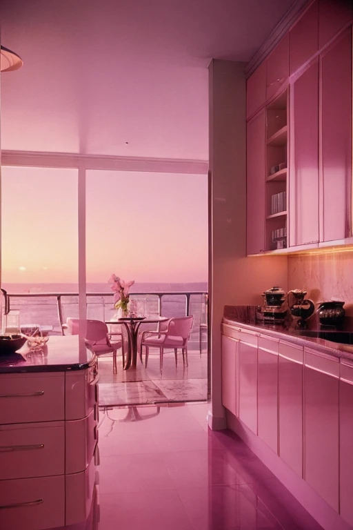 dreamy, luxurious kitchen with glossy satin furniture at twilight night with a view overlooking a palm beach. gradient of purple and pink sky, enhancing the magical, serene atmosphere. 1980 retro film still, 