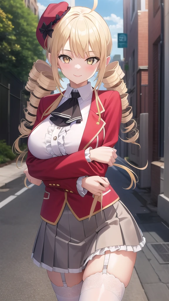 ((masterpiece)),(best quality),official art,extremely detailed CG,unity 8k wallpaper,ultra detailed,beautiful detailed eyes,extremely detailed face,street,1girl,solo,cowboy shot,looking at viewer,facing viewer,smile,reikadou ayame,red hat,mini hat,ahoge,long hair,blonde hair,twin drills,sidelocks,bangs,yellow eyes,red jacket,wing collar,ascot,white shirt,center frills,large breasts,grey skirt,pleated skirt,frilled skirt,garter straps,zettai ryouiki,white thighhighs,loafers,