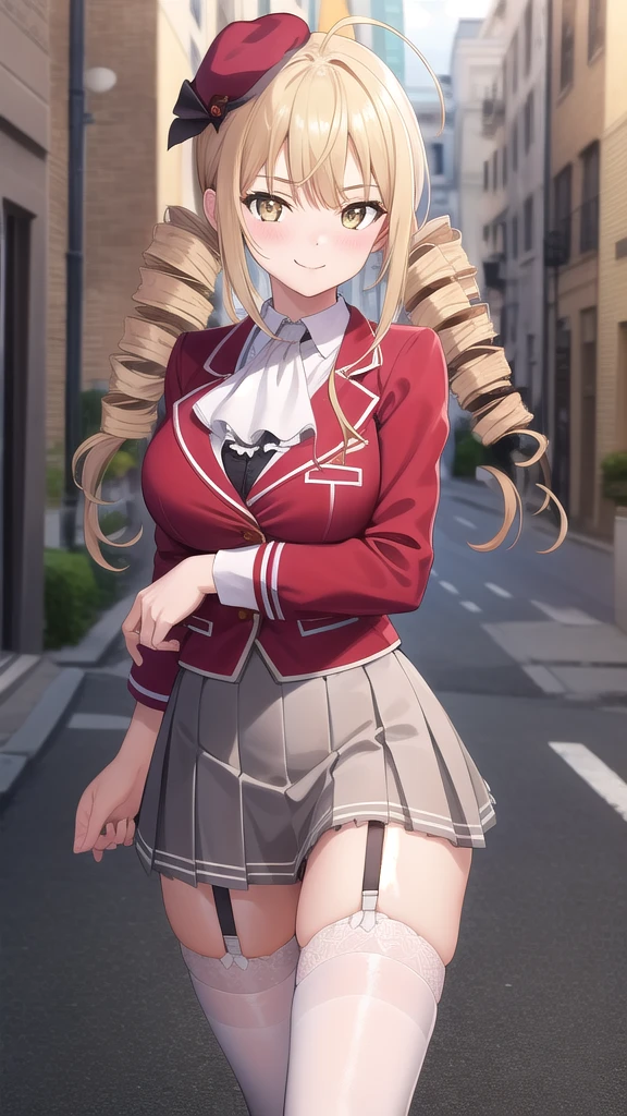 ((masterpiece)),(best quality),official art,extremely detailed CG,unity 8k wallpaper,ultra detailed,beautiful detailed eyes,extremely detailed face,street,1girl,solo,cowboy shot,looking at viewer,facing viewer,smile,reikadou ayame,red hat,mini hat,ahoge,long hair,blonde hair,twin drills,sidelocks,bangs,yellow eyes,red jacket,wing collar,ascot,white shirt,center frills,large breasts,grey skirt,pleated skirt,frilled skirt,garter straps,zettai ryouiki,white thighhighs,loafers,