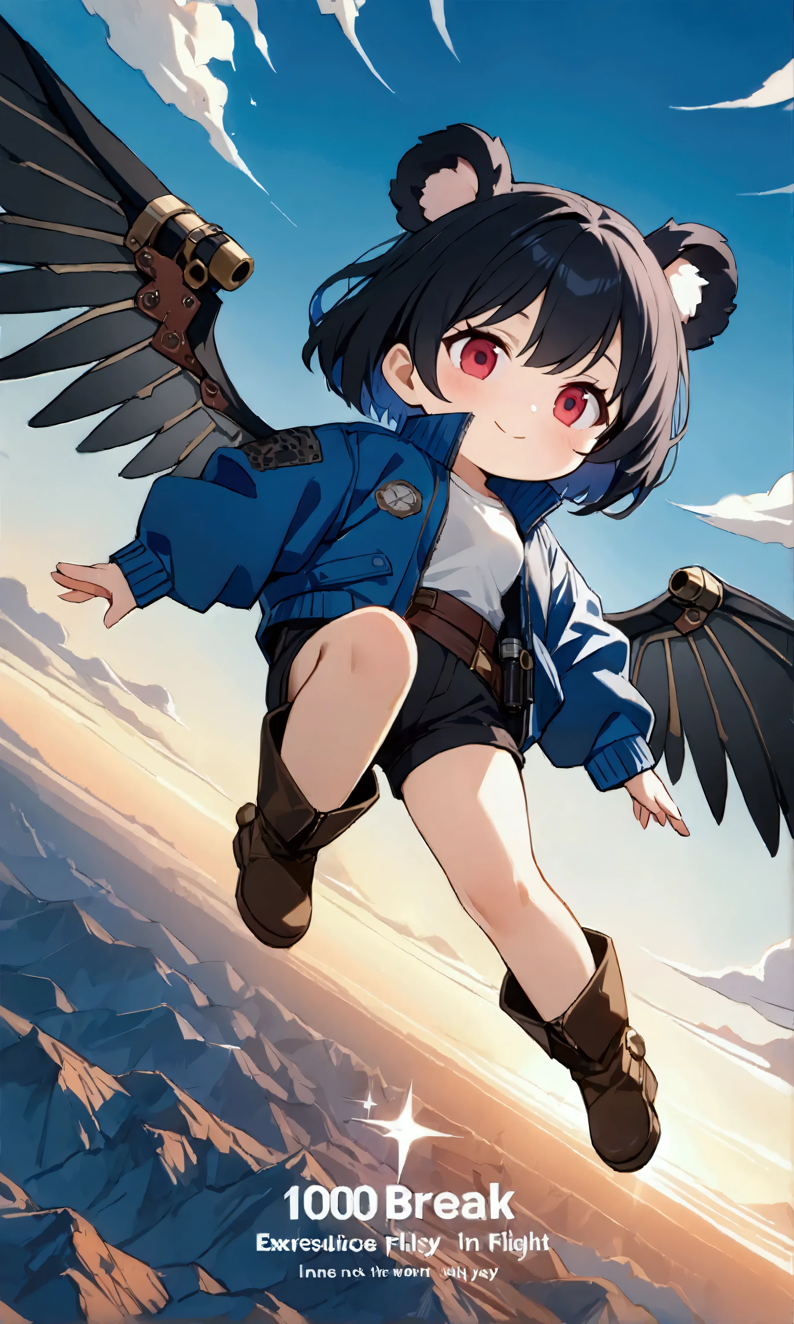 1girl\(big smile,cute,(chibi:1.4),big eyes,ruby eyes,(small fluffy black Koala ears),hair\(short hair,black hair, (inner colored blue:1.4)\),(big wings\((old steam-punk:1.3) mechanical wings\):1.2), (worn-out flight jacket:1.3), jumpsuit, leather short boots, holster at legs, (dynamic action pose),(flying high in the sky:1.3)\). (dynamic angle:1.3),long shot. BREAK .background\(high altitude sky, futuristic aircrafts, futuristic towers,\). BREAK .(print text"100":1.5). BREAK .quality\(8k,wallpaper of extremely detailed CG unit, high resolution, top-quality, top-quality real texture skin, hyper realistic, increase the resolution, RAW photos, best quality, highly detailed, the wallpaper, golden ratio, high saturation realism, vibrant colors, dramatic lighting, persuasive storytelling, atmospheric scenery, captivating visuals, intricate details, strong emotions, dreamlike world\), from below