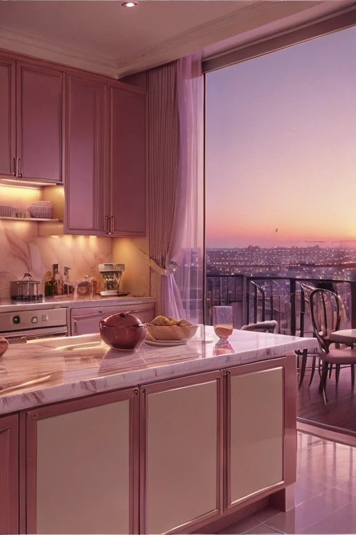 dreamy, luxurious kitchen with glossy satin furniture at twilight night with a view overlooking a palm beach. gradient of purple and pink sky, enhancing the magical, serene atmosphere. 1980 retro film still, 