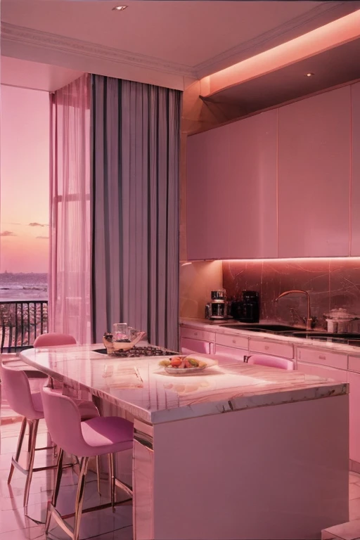 dreamy, luxurious kitchen with glossy satin furniture at twilight night with a view overlooking a palm beach. gradient of purple and pink sky, enhancing the magical, serene atmosphere. 1980 retro film still, 