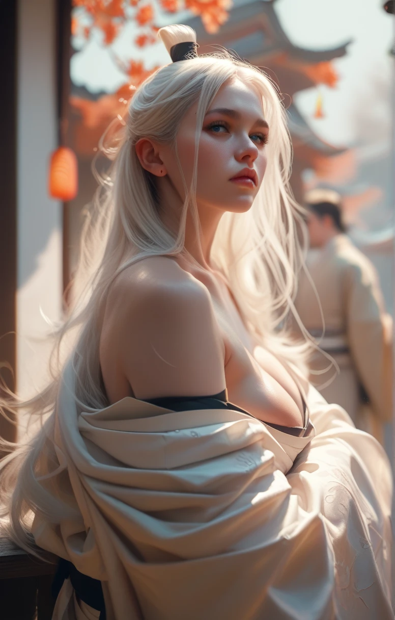 White long hair, perfect face, big tits, pale skin, white kimono