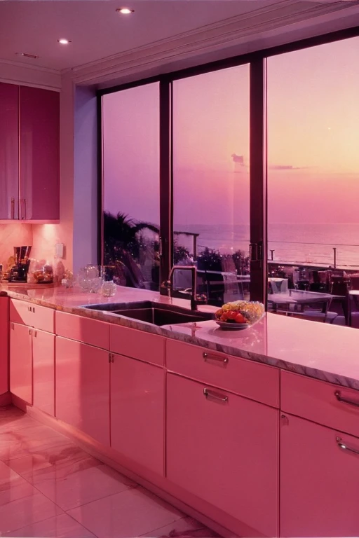 dreamy, luxurious kitchen with glossy satin furniture at twilight night with a view overlooking a palm beach. gradient of purple and pink sky, enhancing the magical, serene atmosphere. 1980 retro film still, 