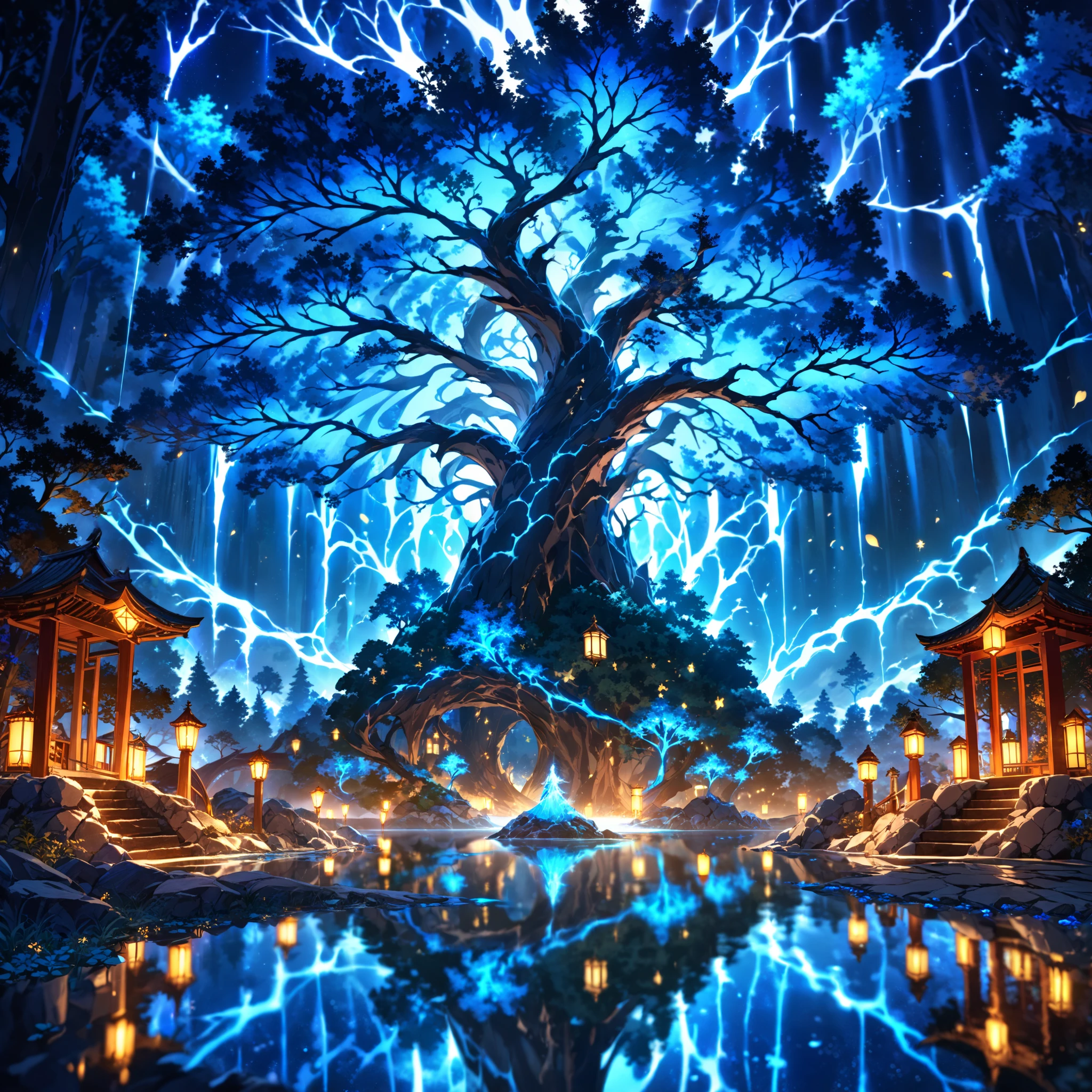 ((no humans)), Digital artwork of a very wonderful and beautiful landscape painting, night, dark sky, luminous tree, giant tree, white bark with blue luminous veins, white leaves, stars, blue tones, wallpapers, high quality, glow, magic, (masterpiece:1.2), (best quality:1.2), (very aesthetic:1.2), (absurdres:1.2), (detailed background), newest, safe, intricate, highly detailed skin, ,intensely saturated lighting effects, luminous reflections, HDR-like contrast, vibrant color palette,glowing lights, vibrant reflections, surreal lighting, HDR effect, cinematic vividness,moonlight,Dream Scenery