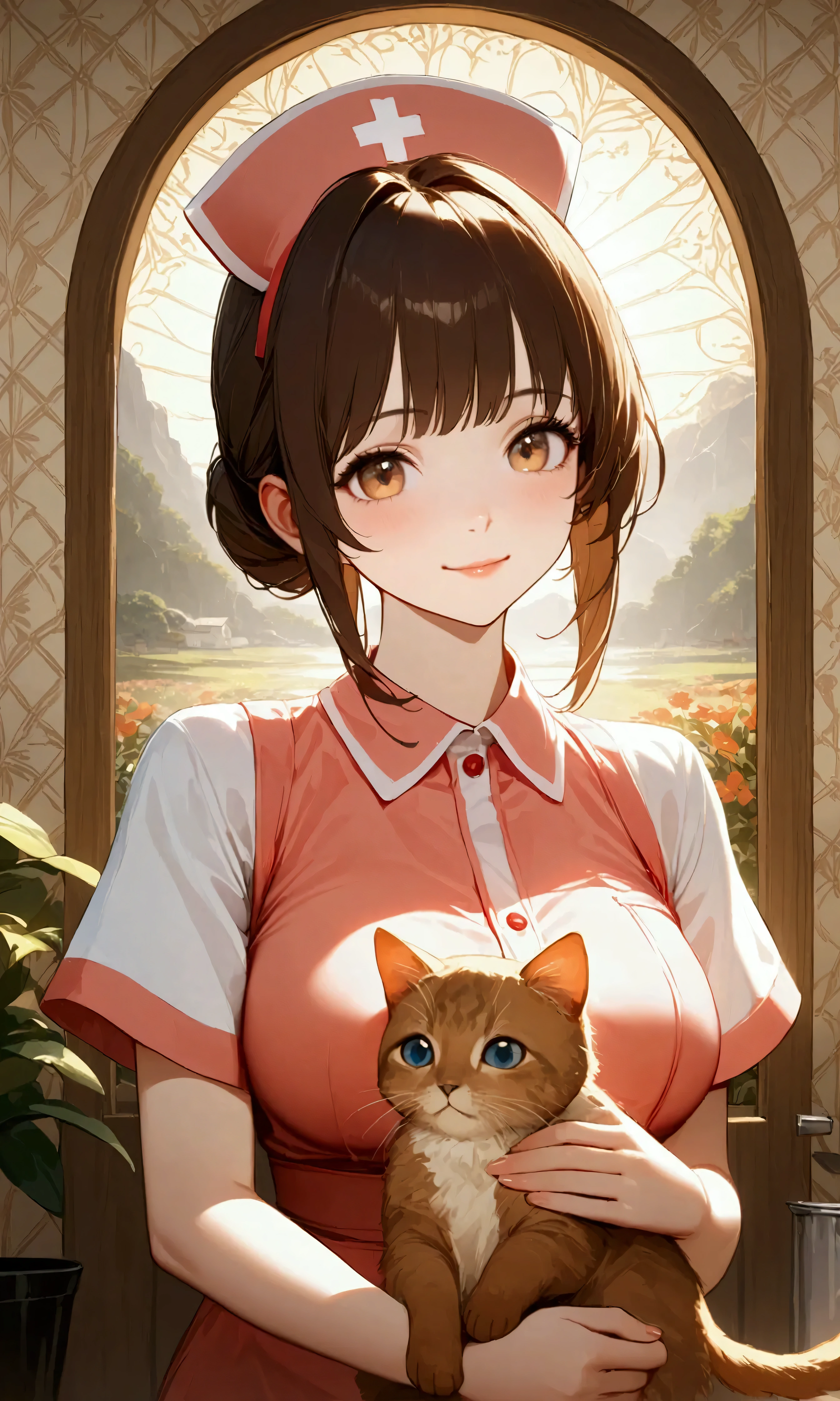 1girl\((very kind nurse:1.3),smile, take care of (brown kitty-cat:1.3)\). warm atmothpher, soft sunlight, beautiful flowers, soft blur.focus on cat,. BREAK .quality\(8k,wallpaper of extremely detailed CG unit, high resolution, top-quality, top-quality real texture skin, hyper realistic, increase the resolution, RAW photos, best quality, highly detailed, the wallpaper, golden ratio, high saturation realism, vibrant colors, dramatic lighting, persuasive storytelling, atmospheric scenery, captivating visuals, intricate details, strong emotions, dreamlike world\),