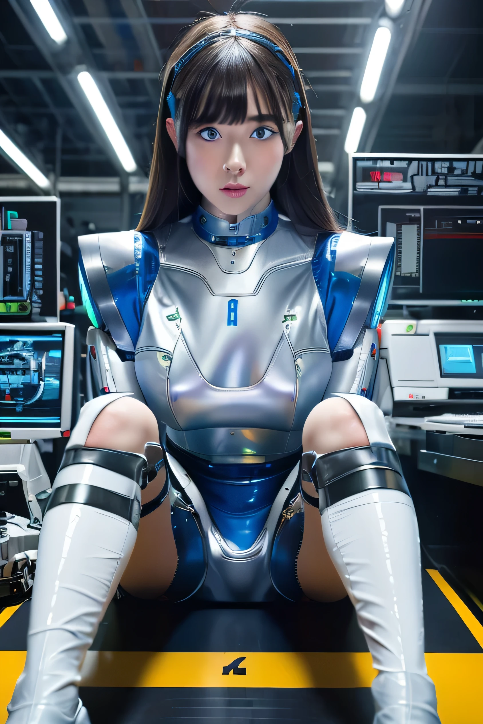 masterpiece, best quality, extremely detailed,8k portrait, Japanese android girl,Plump ,control panels,robot arms,robot,android,cyborg,white robot body,blunt bangs,robot repair plant,black knee high socks,blue eyes